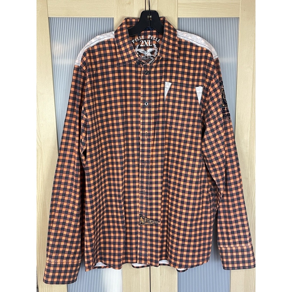 Pelle Pelle Shirt‎ 2XL Plaid Orange Black Butchers Row Boxing Streetwear Casual